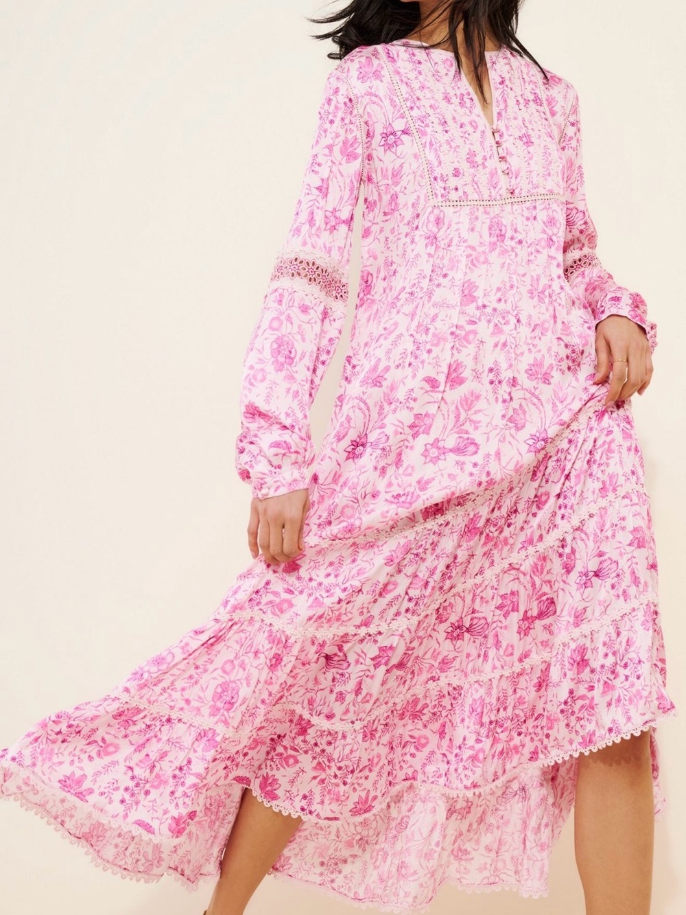 Pink Floral Tiered Maxi Dress with Lace Trim